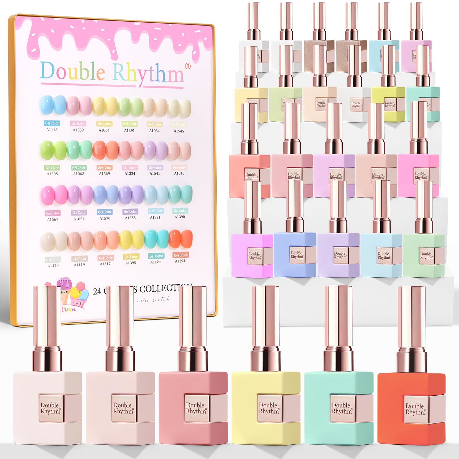 Double Rhythm Pastel Candy Collection 24pcs polish bottles in one set for versatile at-home nail looks.