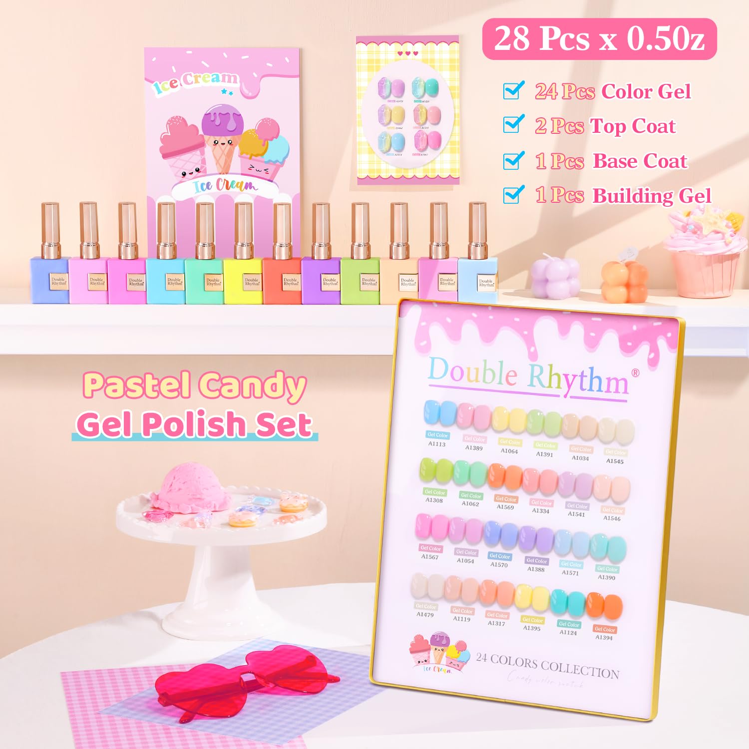 Double Rhythm Pastel Candy polish bottles with base and top gels displayed for cohesive manicures.