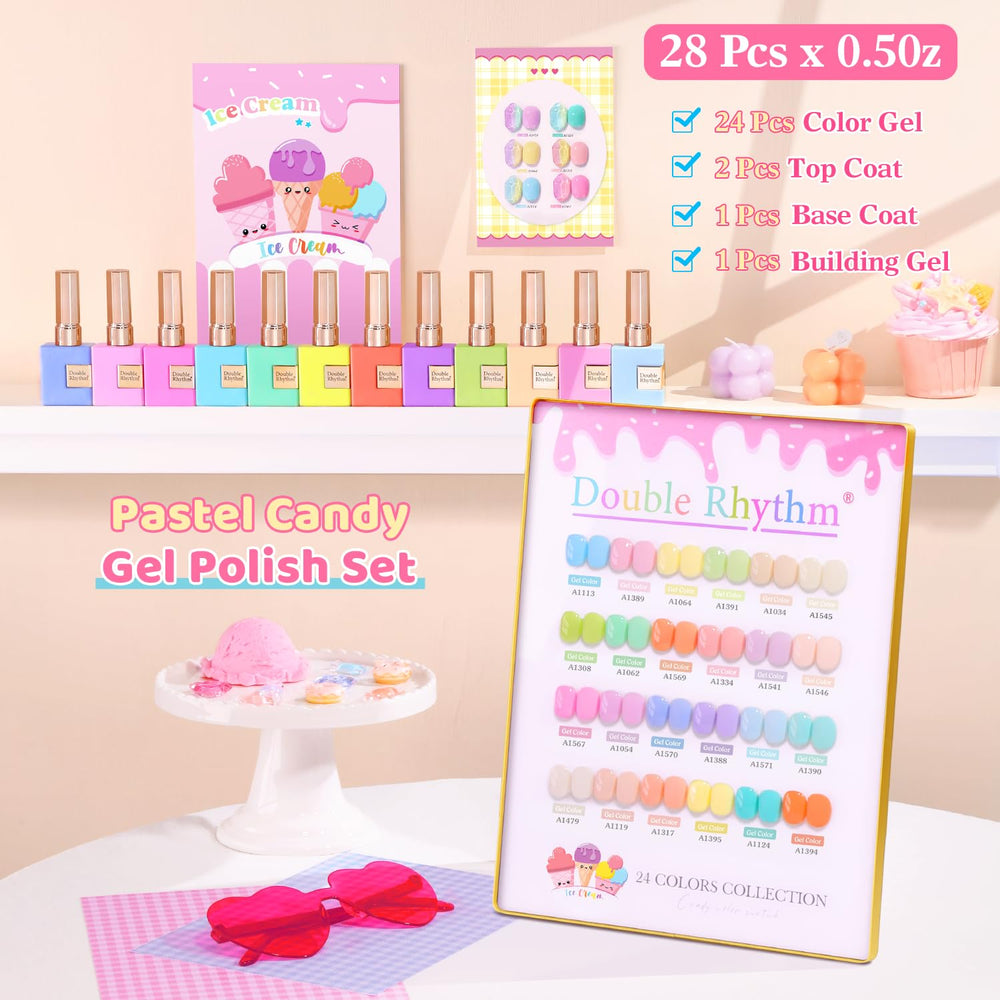 Double Rhythm Pastel Candy polish bottles with base and top gels displayed for cohesive manicures.