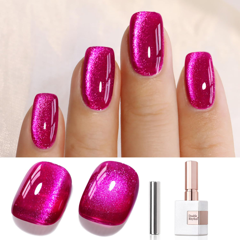 Double Rhythm Pitaya Purple cat eye gel polish bottle shows ice-glass shimmer, ideal for at-home manicures