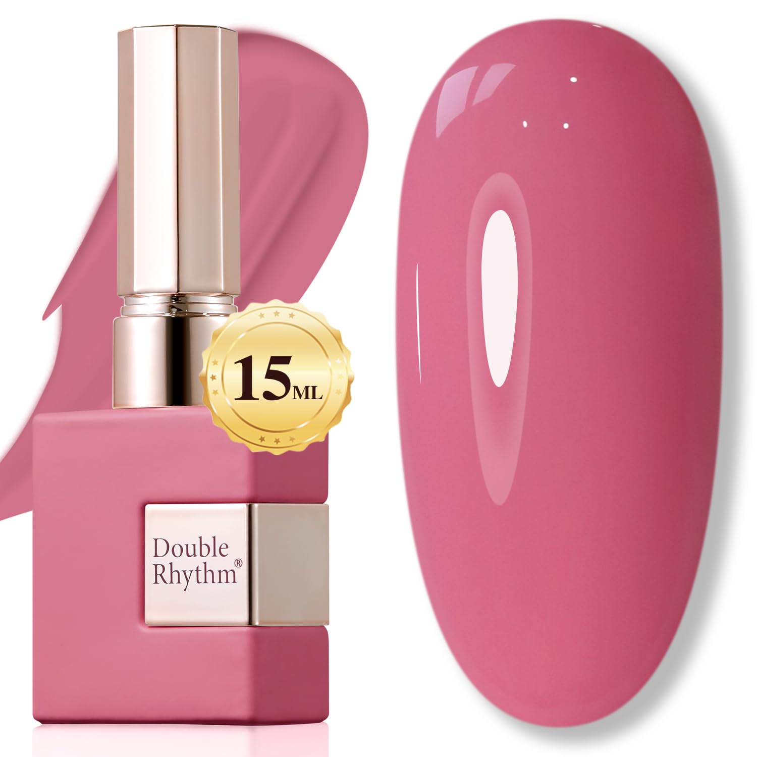Double Rhythm rose pink 15ml gel polish bottle shows pure sheer color for salon-quality nails