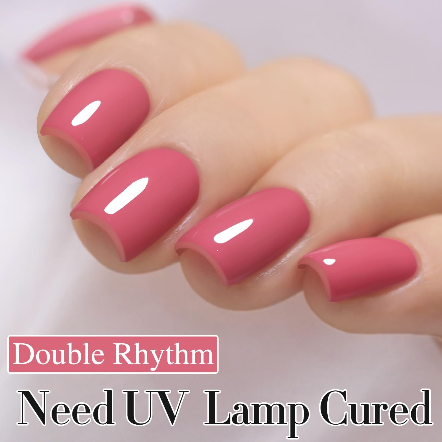 Double Rhythm packaging for rose pink gel polish emphasizes easy storage and travel size