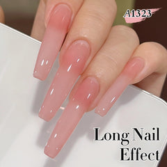 Double Rhythm sheer pink gel polish close-up emphasizes easy layer‑able coverage on nails