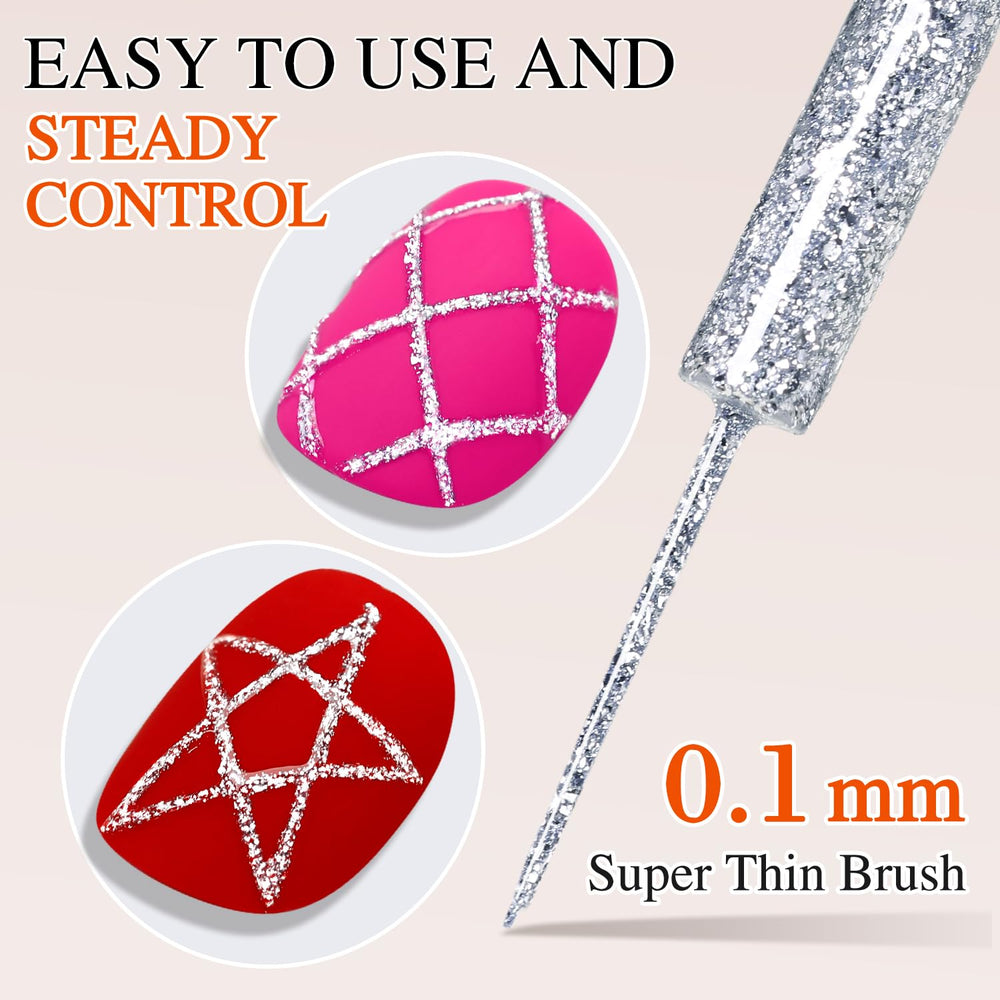 Double Rhythm silver-glitter gel liner provides bright shimmer for festive nails.