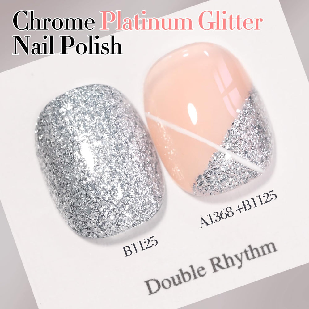 Double Rhythm silver glitter gel polish application close-up showing easy-to-use brush.