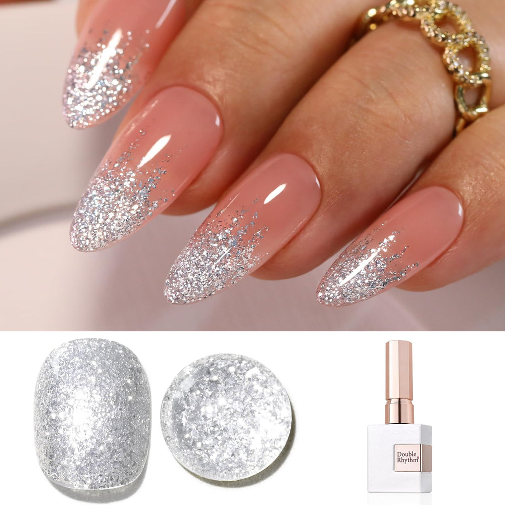 Double Rhythm silver glitter gel polish bottle with shimmering finish, ideal for quick at-home manicures.