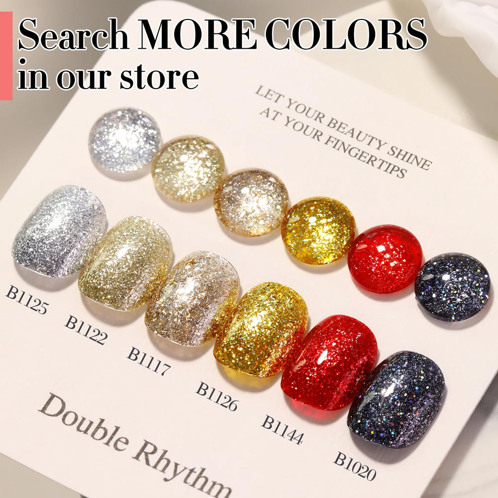 Double Rhythm silver glitter gel polish close-up highlighting high gloss sparkle.