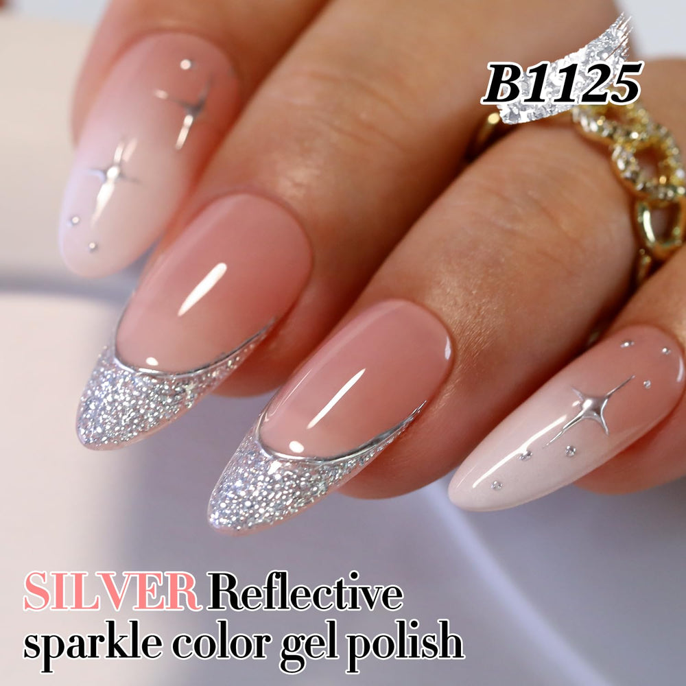 Double Rhythm silver glitter gel polish under lamp, quick cure for long-lasting shine.