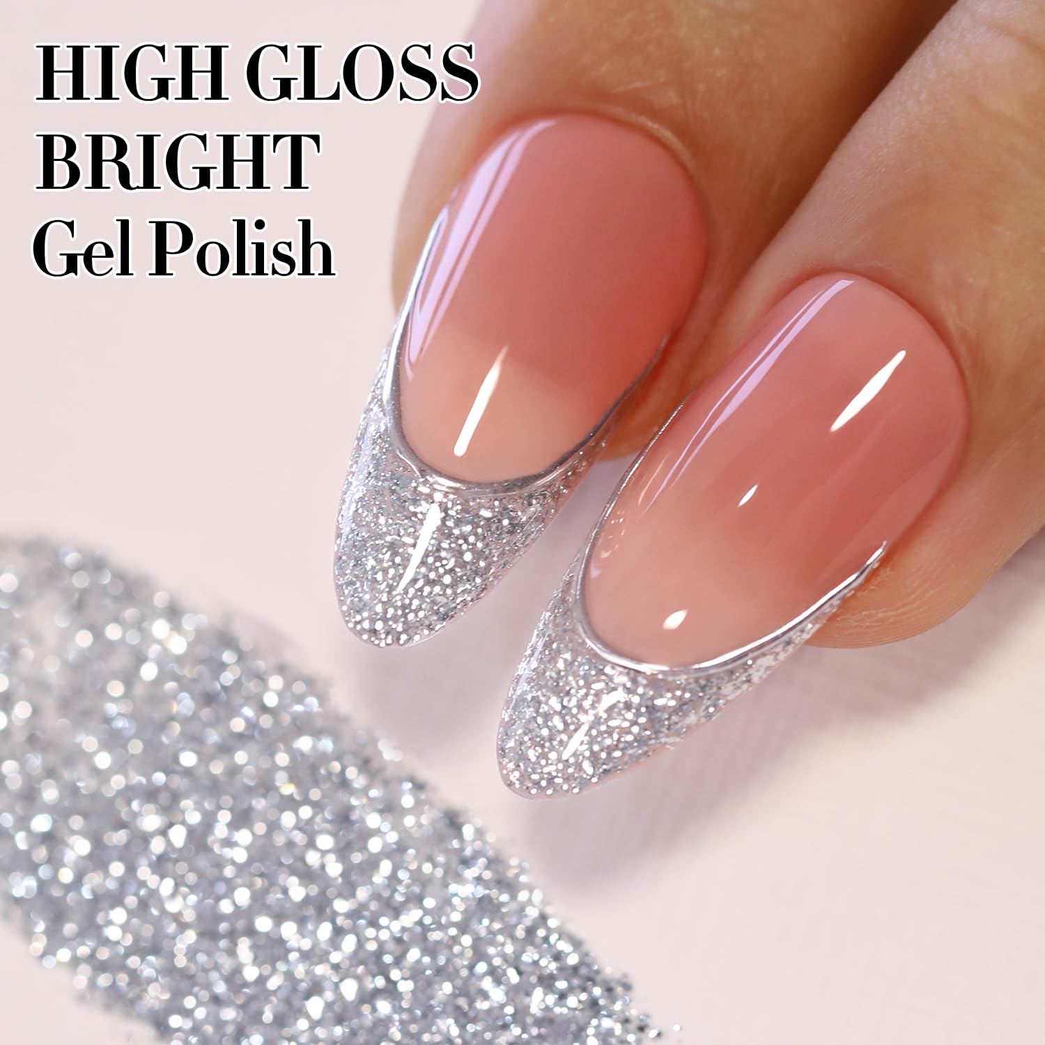 Double Rhythm silver glitter gel nails during an art session at home or salon.