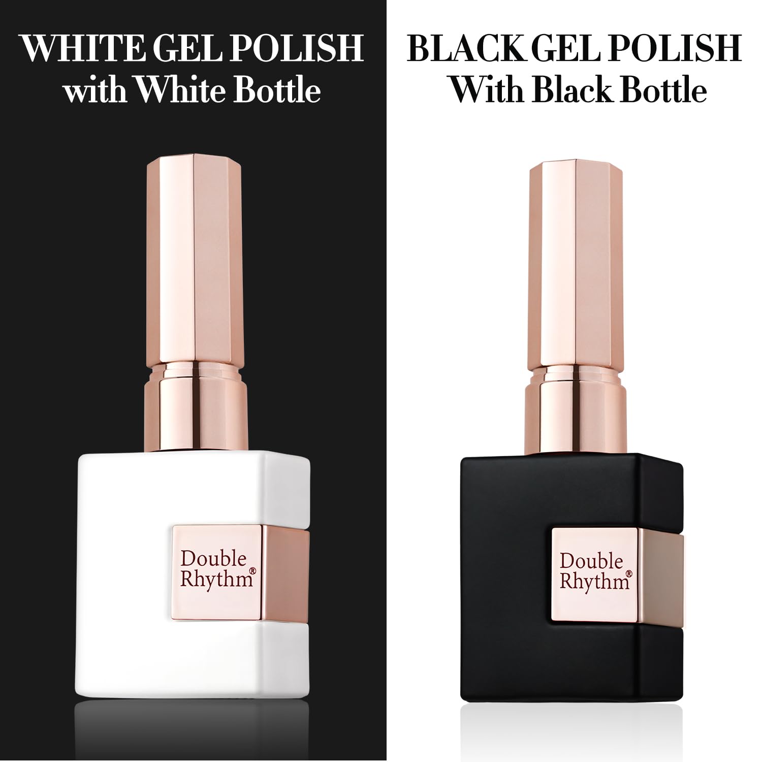 Double Rhythm square bottles with gold handles for precise, premium polish application