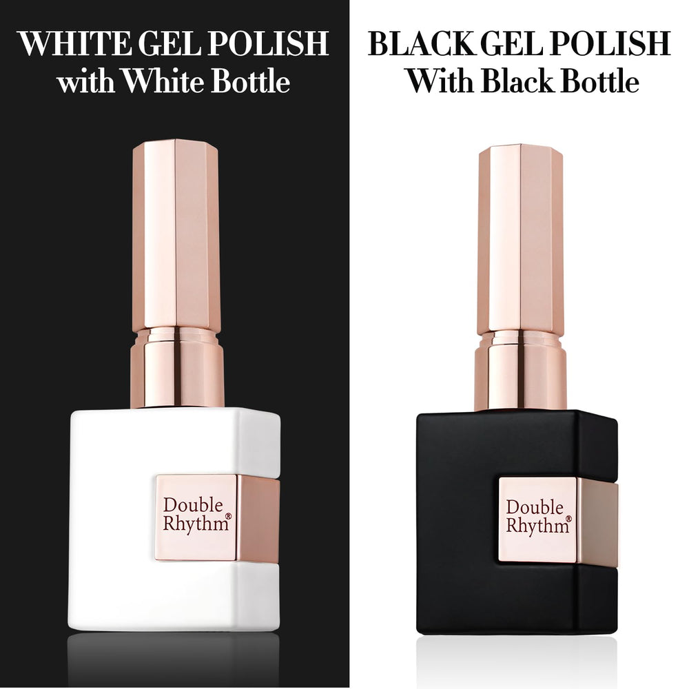 Double Rhythm square bottles with gold handles for precise, premium polish application