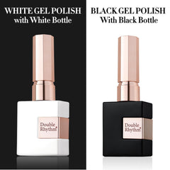 Double Rhythm square bottles with gold handles for precise, premium polish application