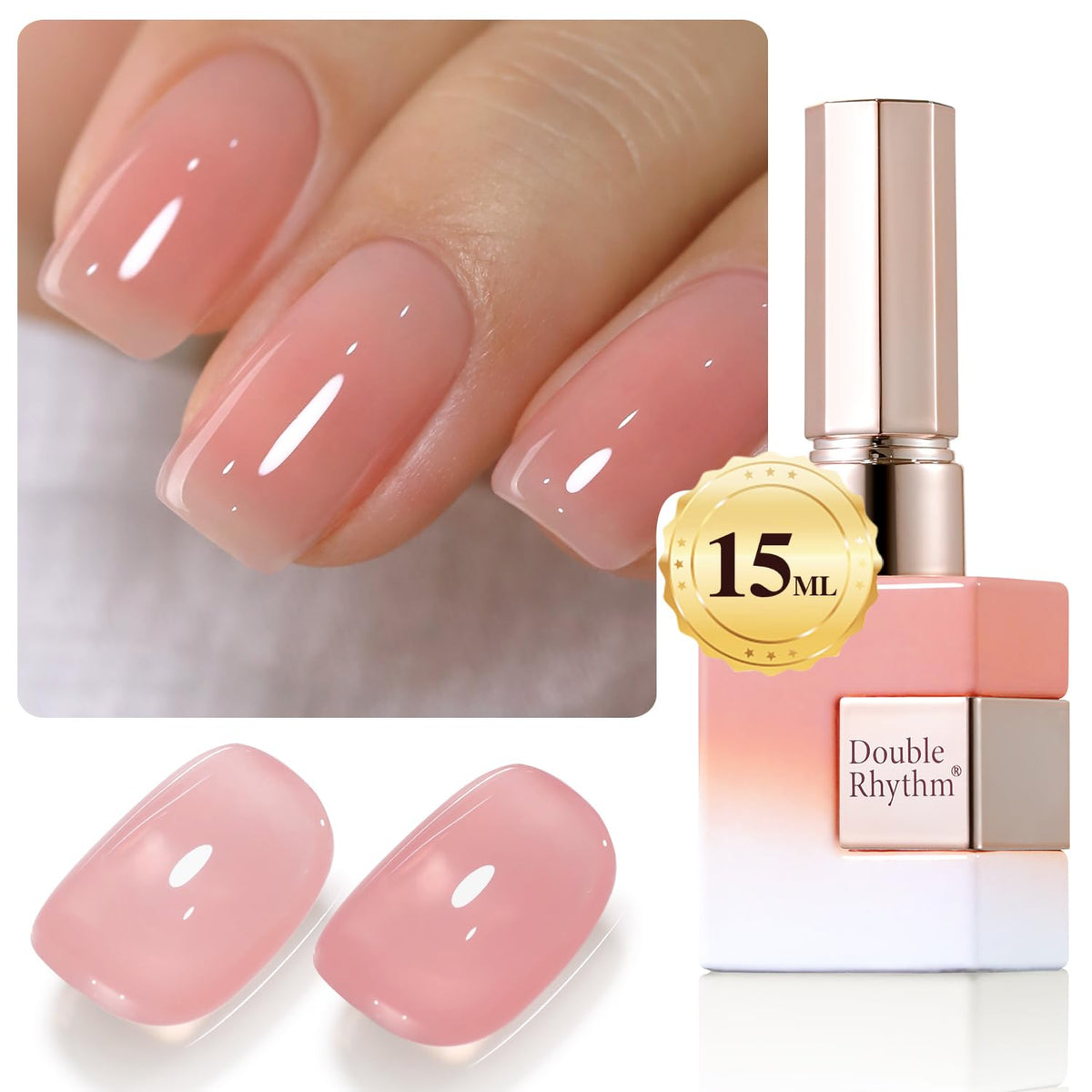 Double Rhythm translucent gel polish 15ml bottle showing milky sheer finish for natural nails