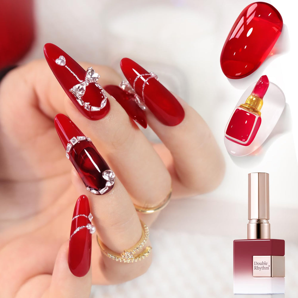 Double Rhythm burgundy translucent gel polish bottle shows rich color and shine.
