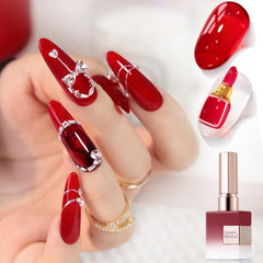 Double Rhythm burgundy translucent gel polish bottle shows rich color and shine.