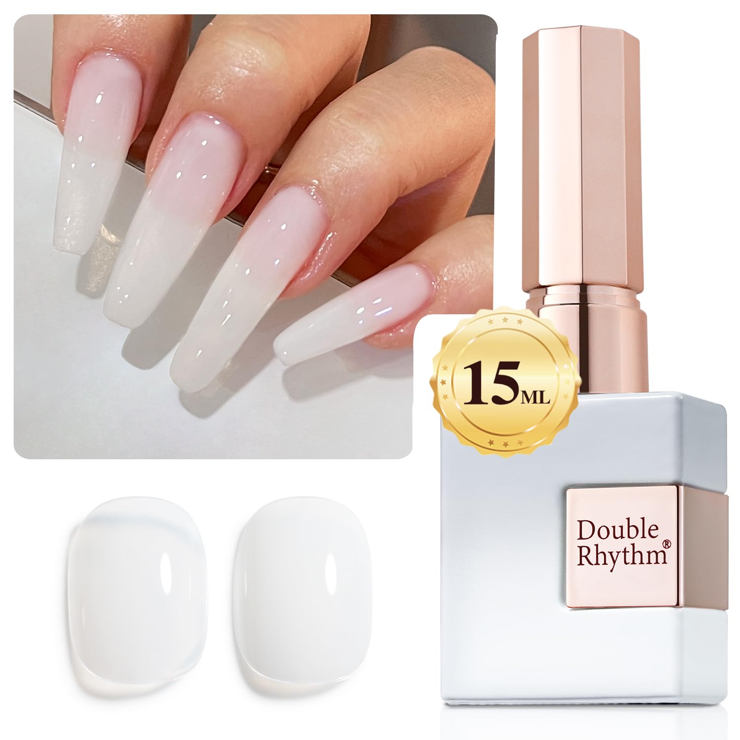 Double Rhythm translucent gel polish milky white bottle for a soft glossy finish.