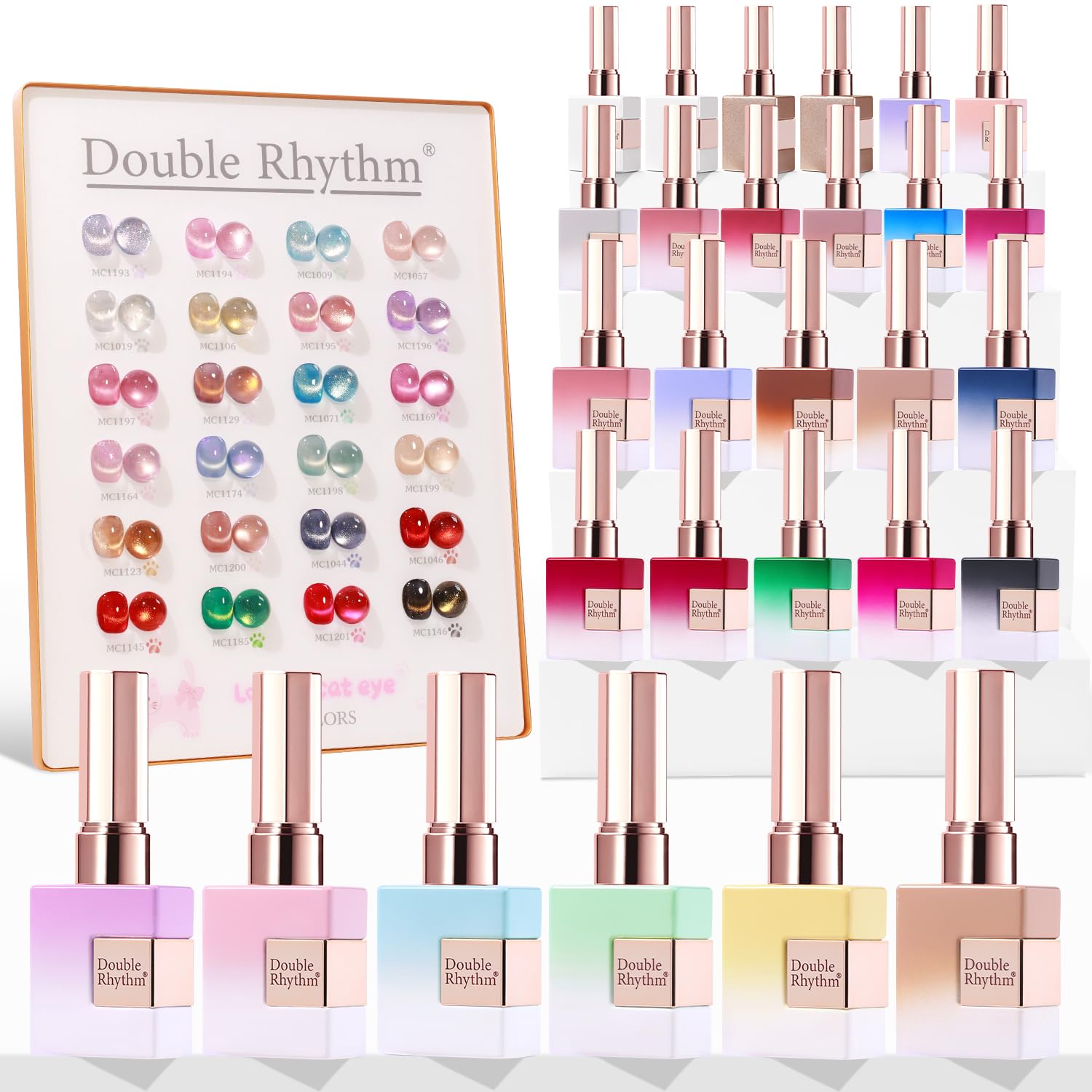 Double Rhythm 28pcs cat-eye gel set flatlay shows color range for DIY nails