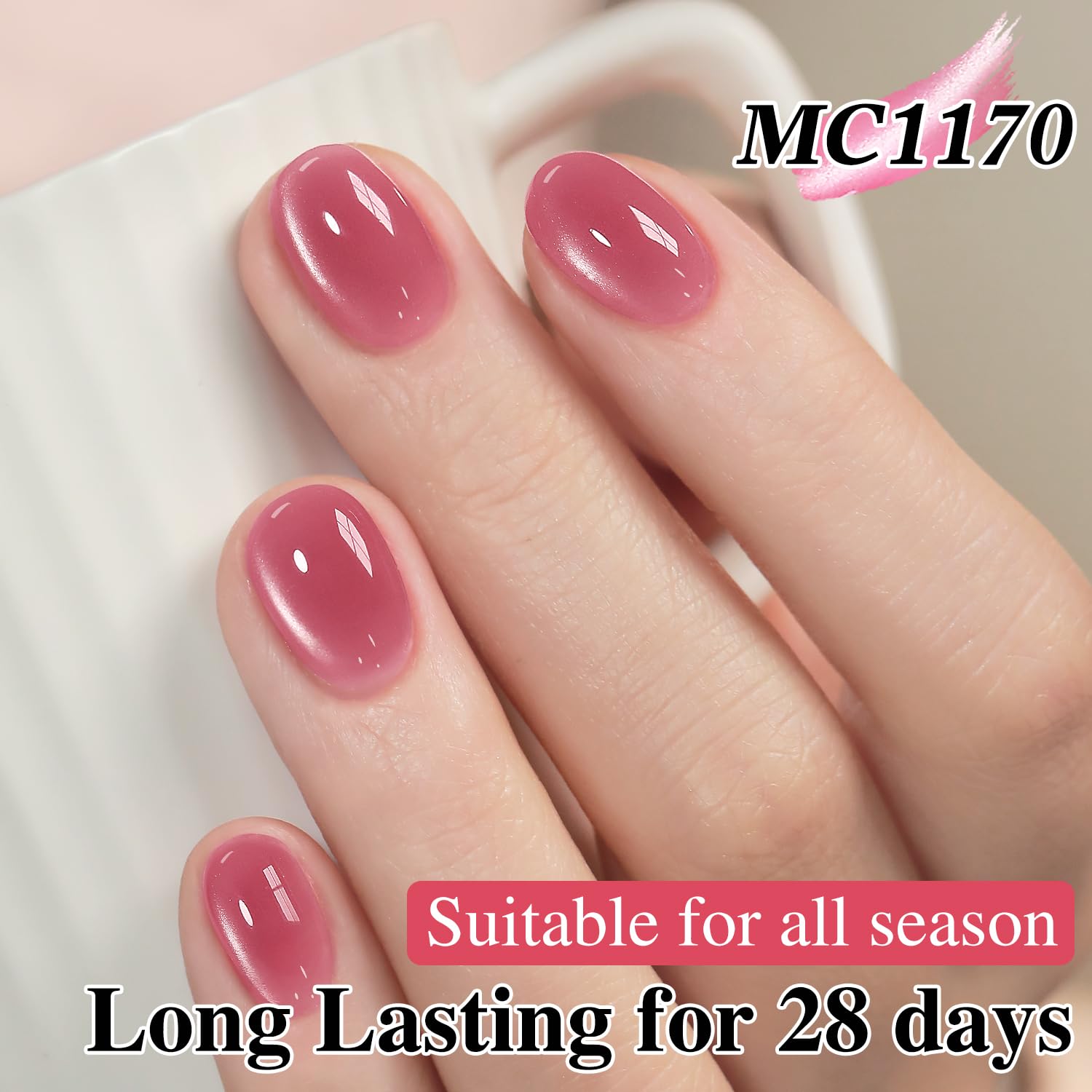 Double Rhythm rose-red nail look complements everyday outfits.