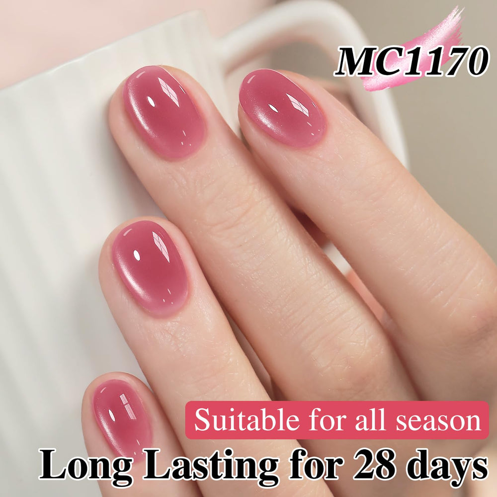 Double Rhythm rose-red nail look complements everyday outfits.