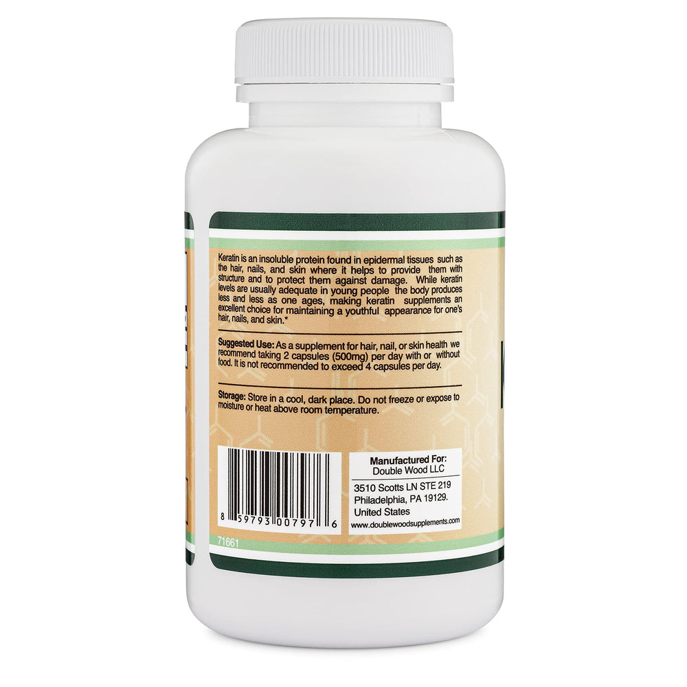 Double Wood Keratin bottle label close-up highlighting third-party testing.