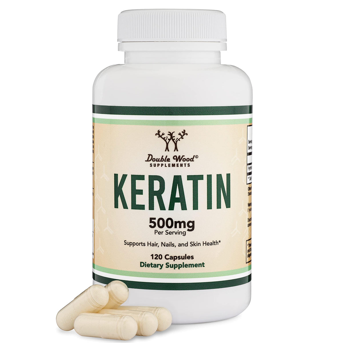 Double Wood Keratin Hair Growth Vitamin bottle for daily hair support.