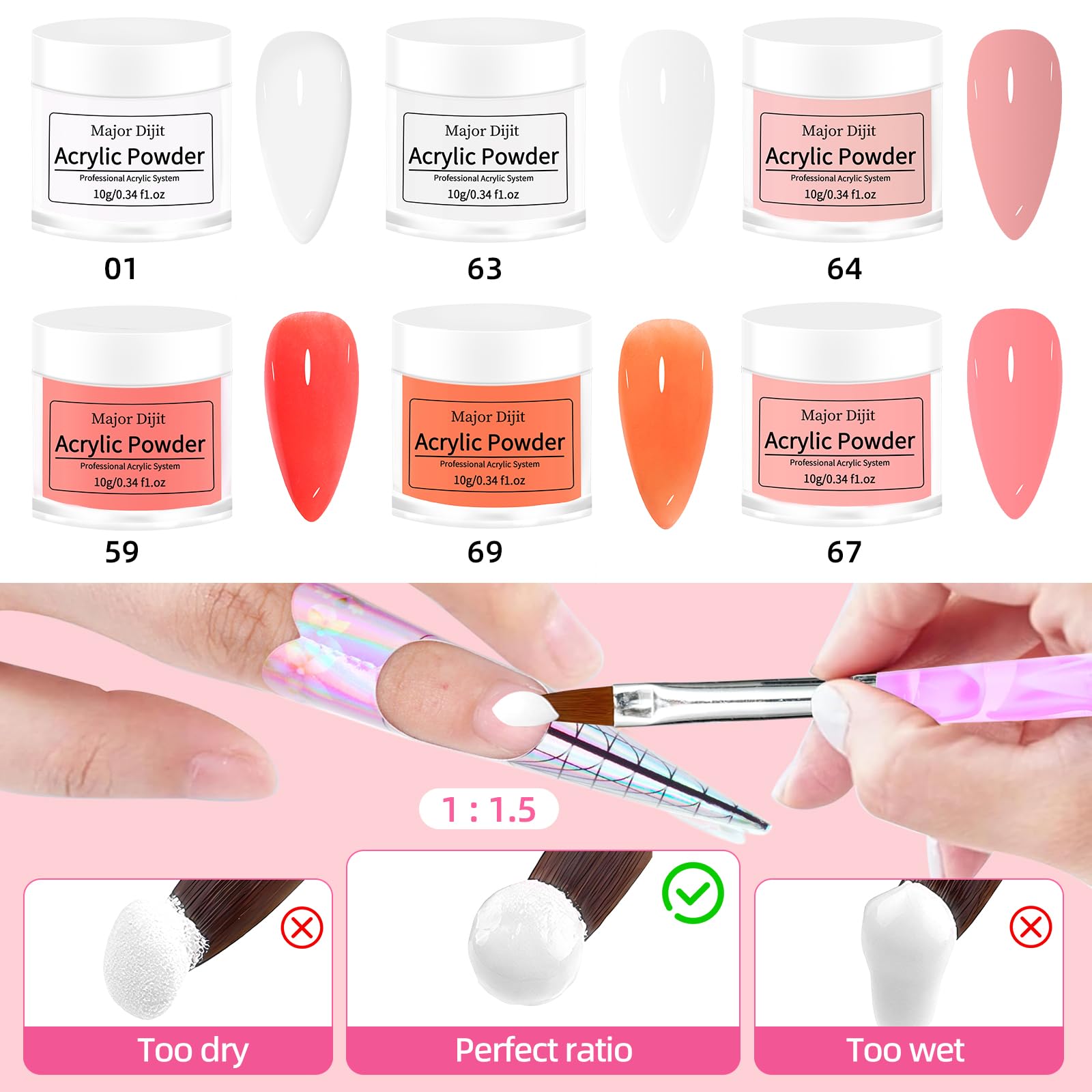 Six color acrylic powders from the DouborQ kit for versatile looks.
