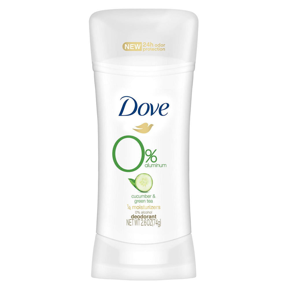 Dove 0% aluminum deodorant pack of 3 with cucumber and green tea promoting long-lasting freshness.