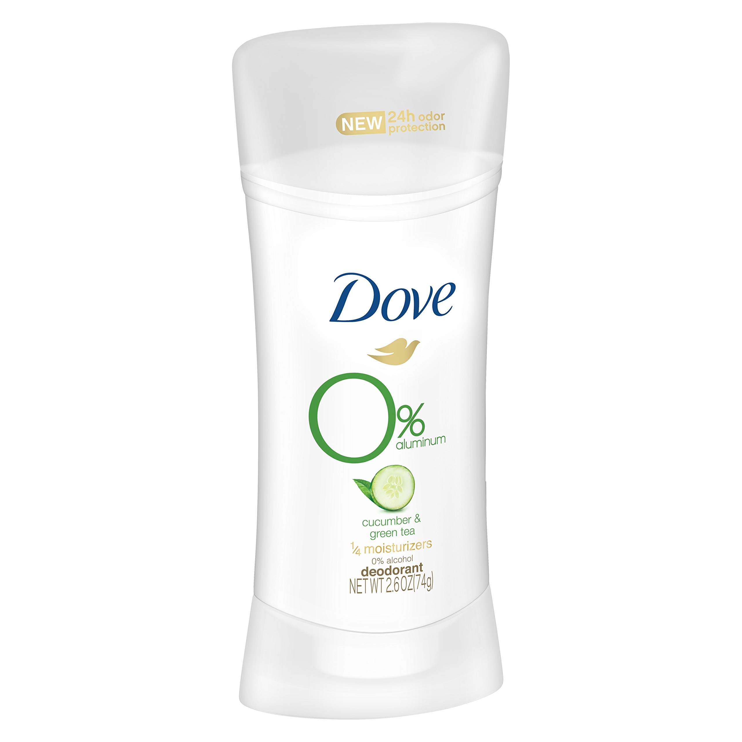 Dove 0% aluminum deodorant stick close-up showing smooth, aluminum-free formula.