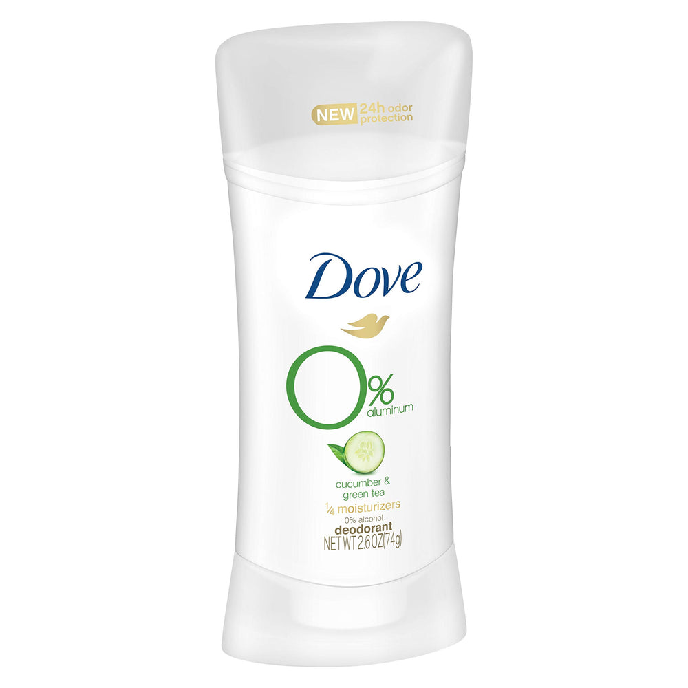 Dove 0% aluminum deodorant stick close-up showing smooth, aluminum-free formula.