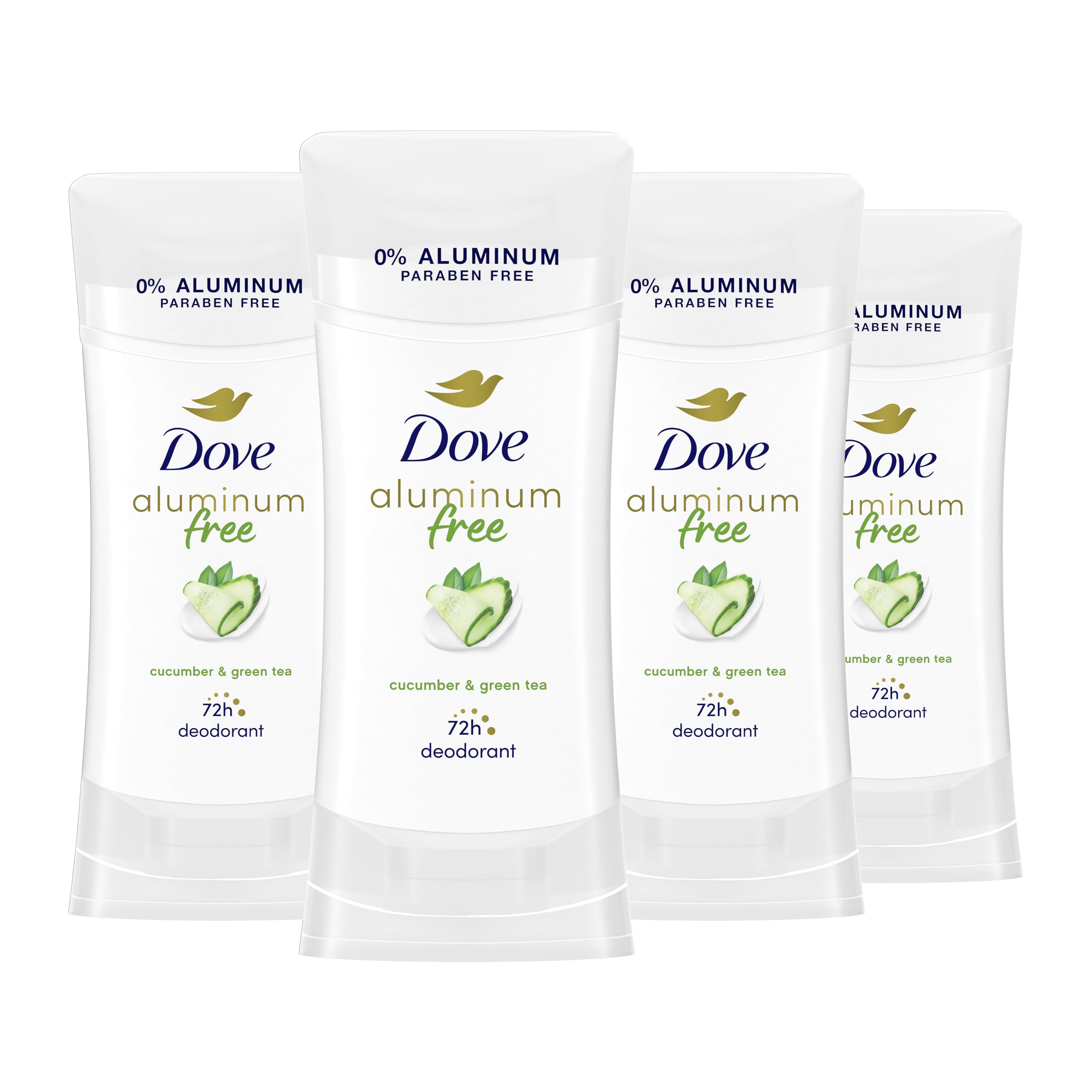 Dove 0% aluminum deodorant stick with cucumber and green tea for long-lasting freshness.