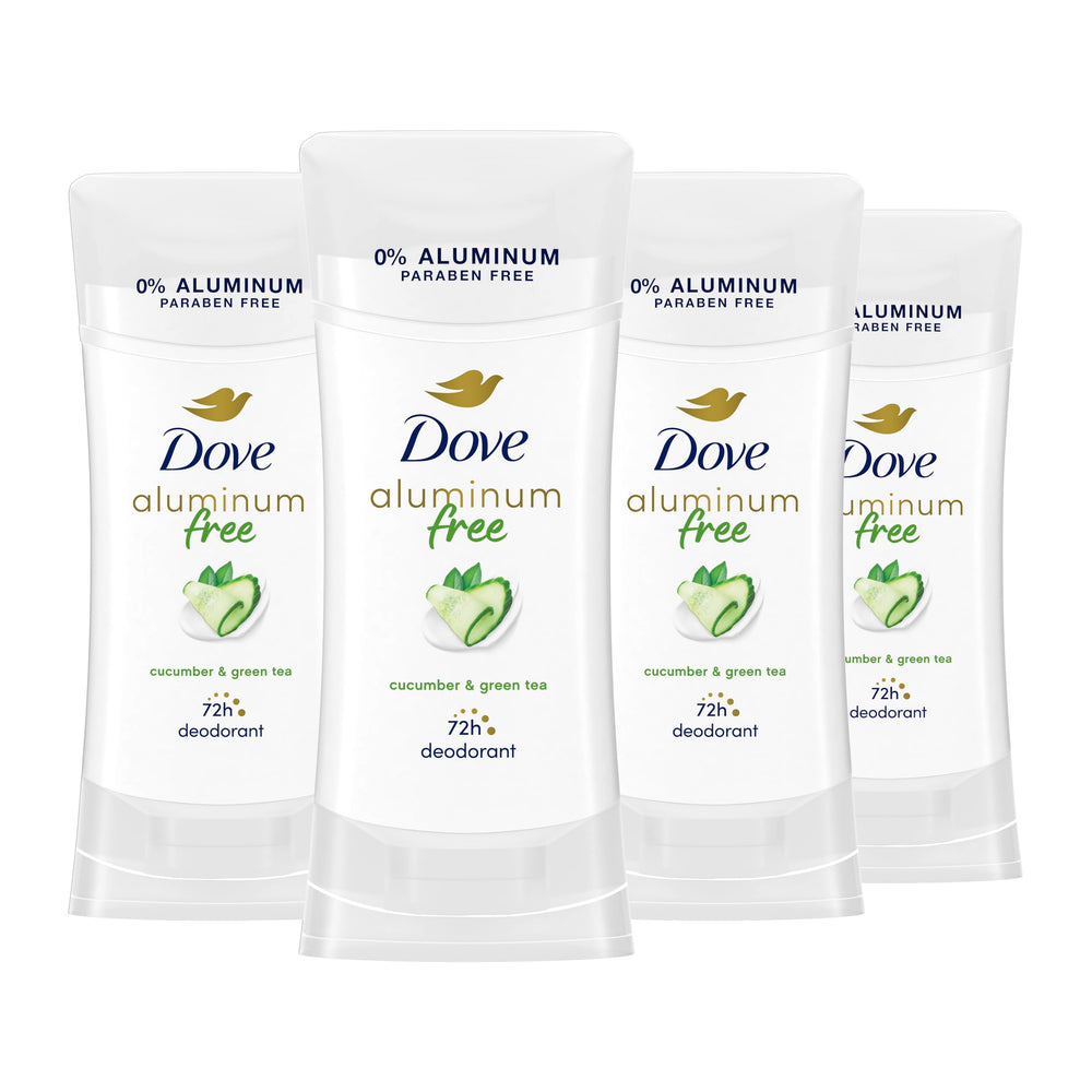 Dove 0% aluminum deodorant stick with cucumber and green tea for long-lasting freshness.
