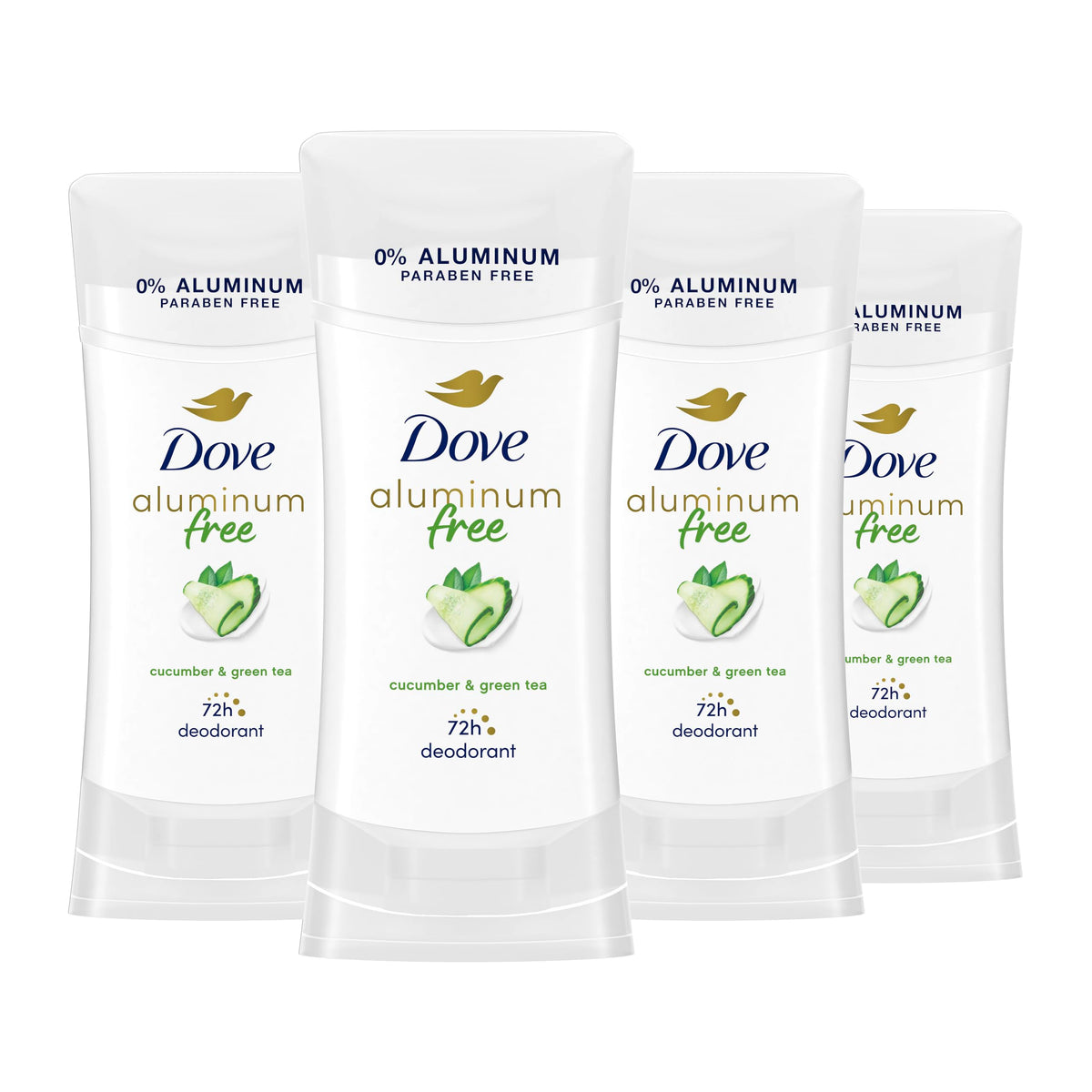 Dove 0% aluminum deodorant stick with cucumber and green tea for long-lasting freshness.