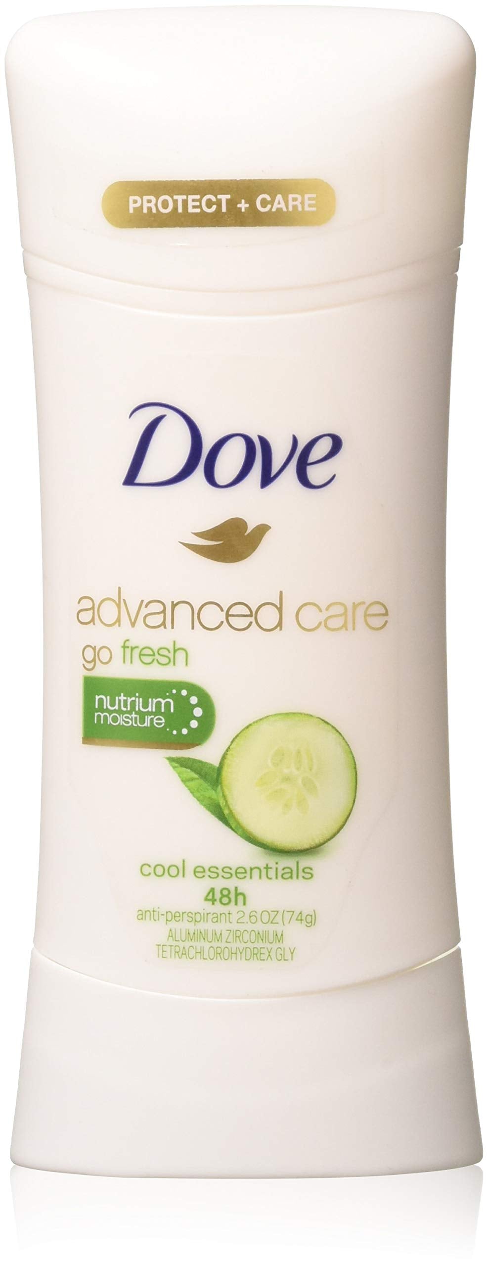 Dove Advanced Care Cool Essentials deodorant bottle with cucumber scent offering 48-hour protection.