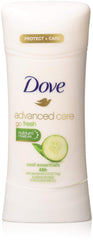 Dove Advanced Care Cool Essentials deodorant bottle with cucumber scent offering 48-hour protection.
