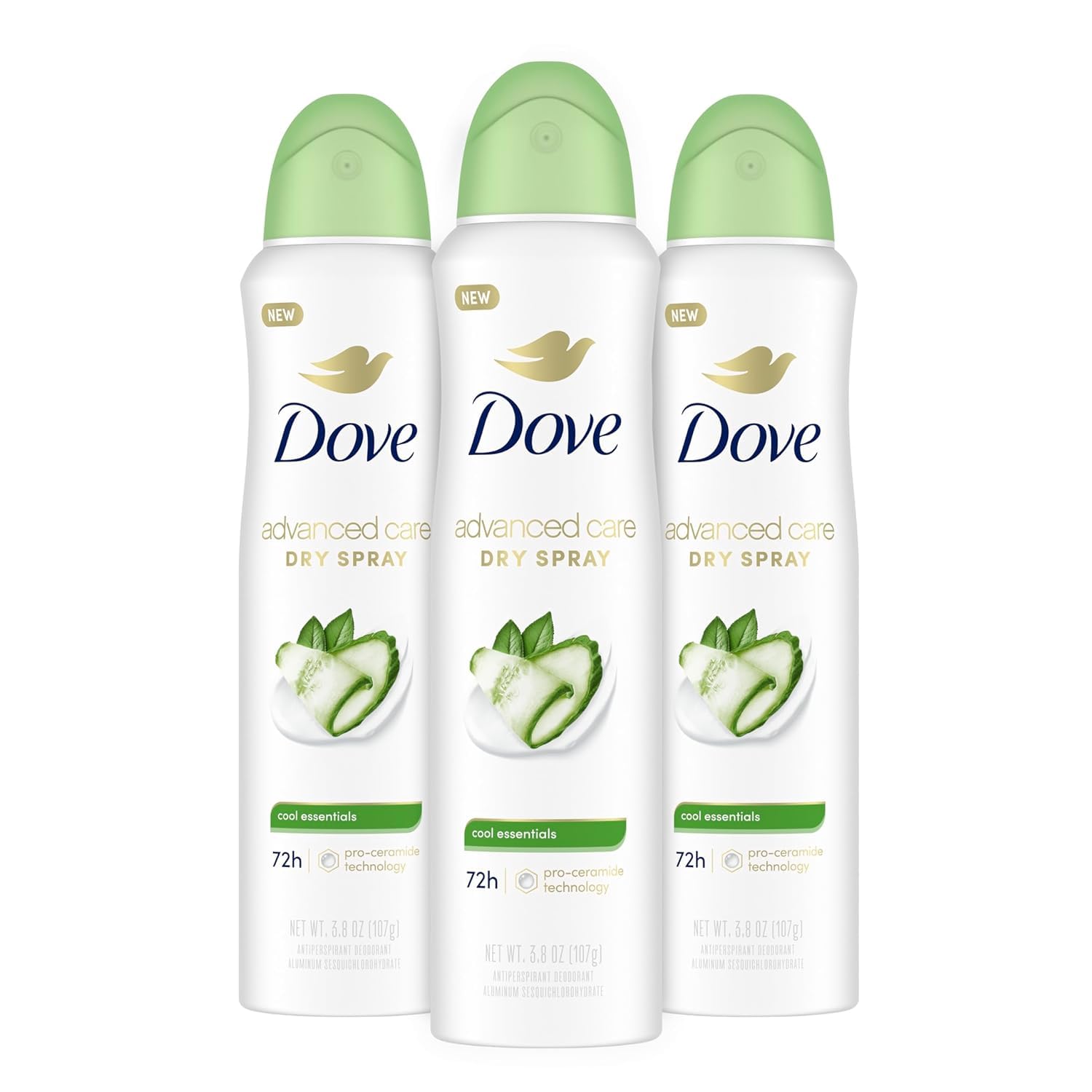 Dove Advanced Care Cool Essentials dry spray bottle ready for quick underarm coverage.