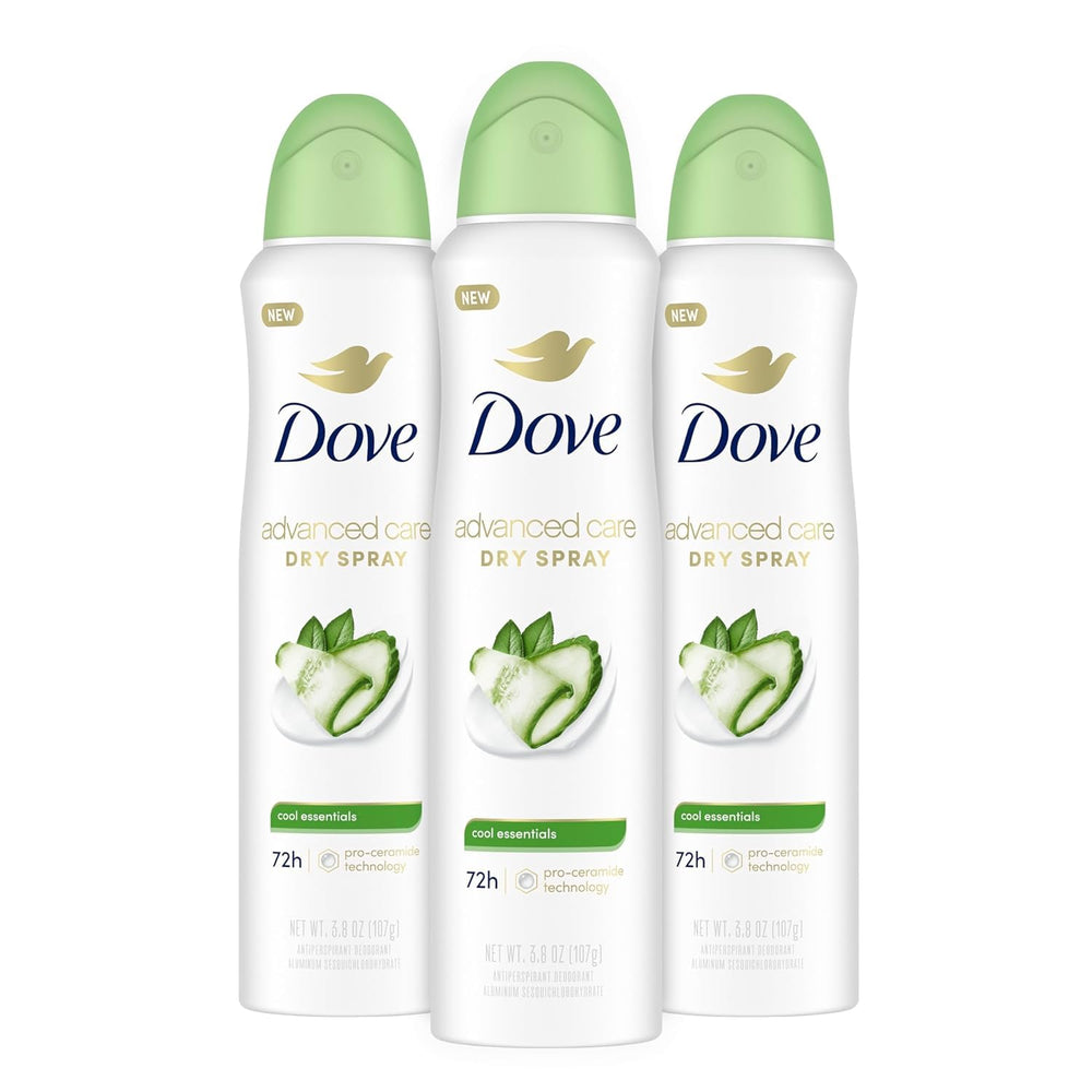 Dove Advanced Care Cool Essentials dry spray bottle ready for quick underarm coverage.