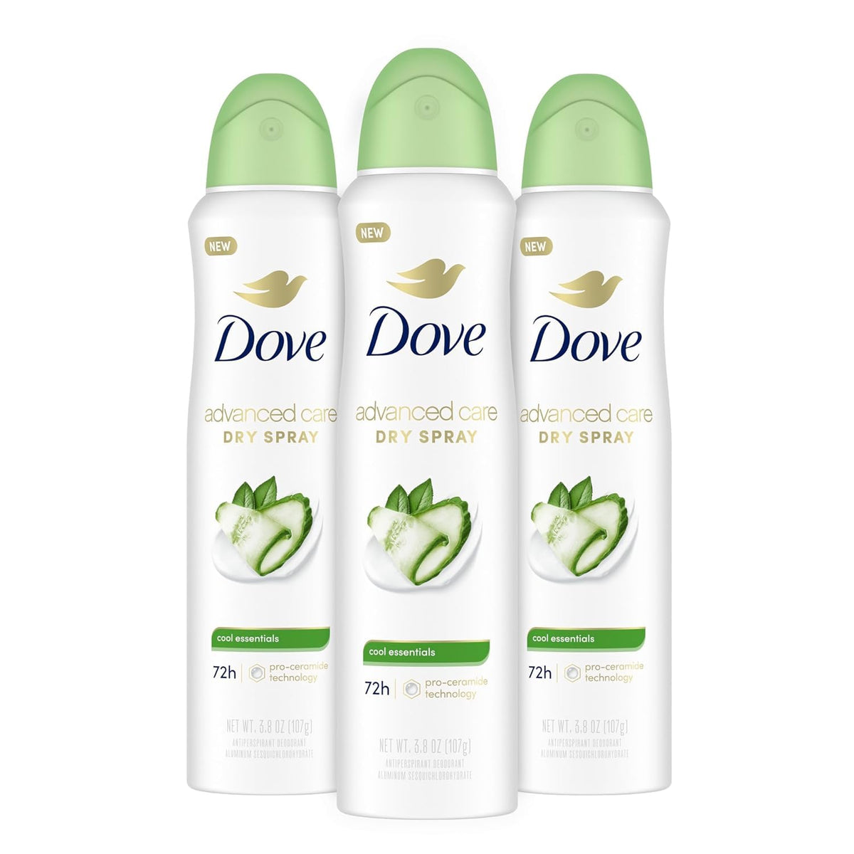 Dove Advanced Care Cool Essentials dry spray bottle ready for quick underarm coverage.