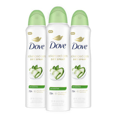 Dove Advanced Care Cool Essentials dry spray bottle ready for quick underarm coverage.