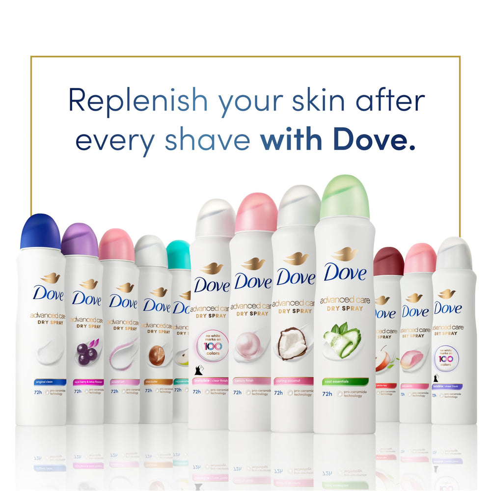 Dove Advanced Care Cool Essentials bottle on a bathroom shelf after shower.