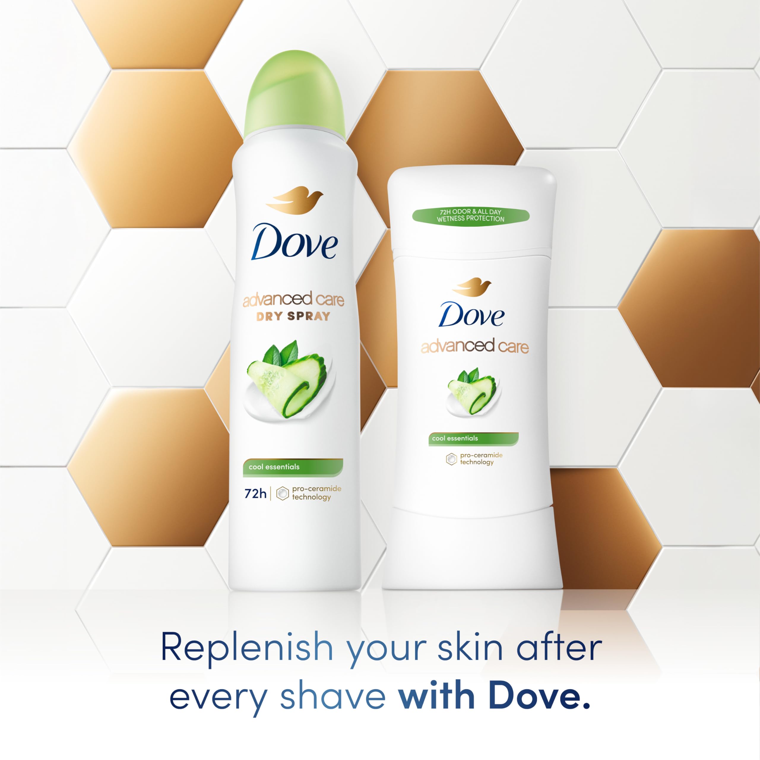 Dove Advanced Care Cool Essentials spray showcases pear, cucumber, honeydew fragrance profile.