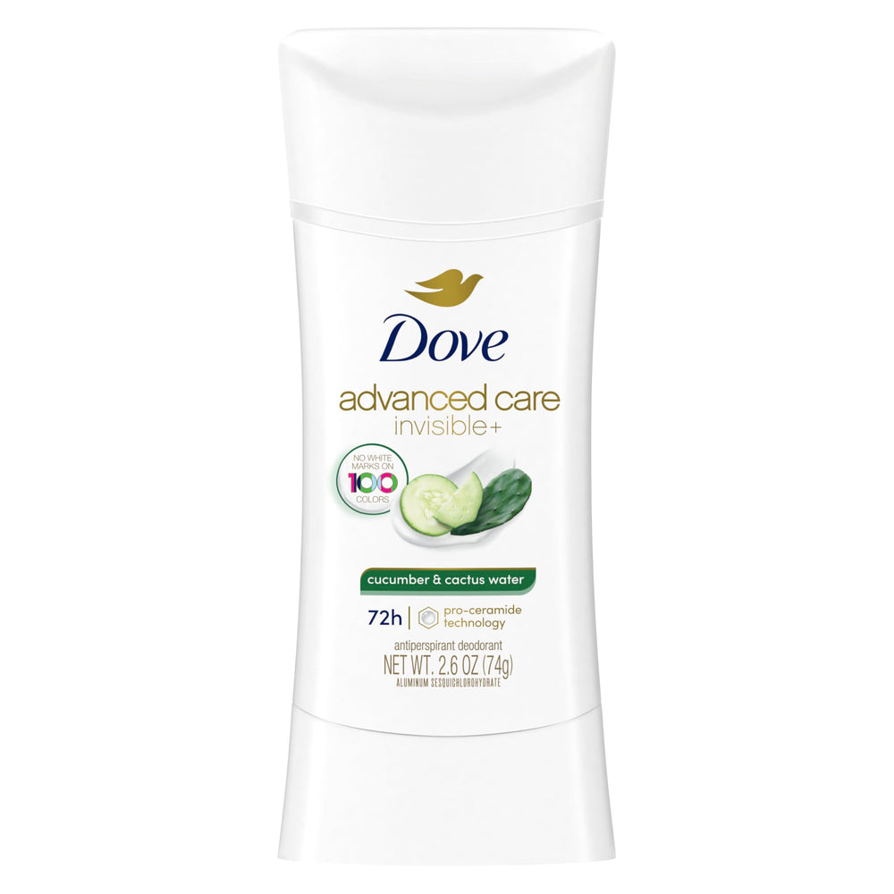 Dove Advanced Care Cucumber & Cactus Water stick offers invisible protection for all-day freshness.