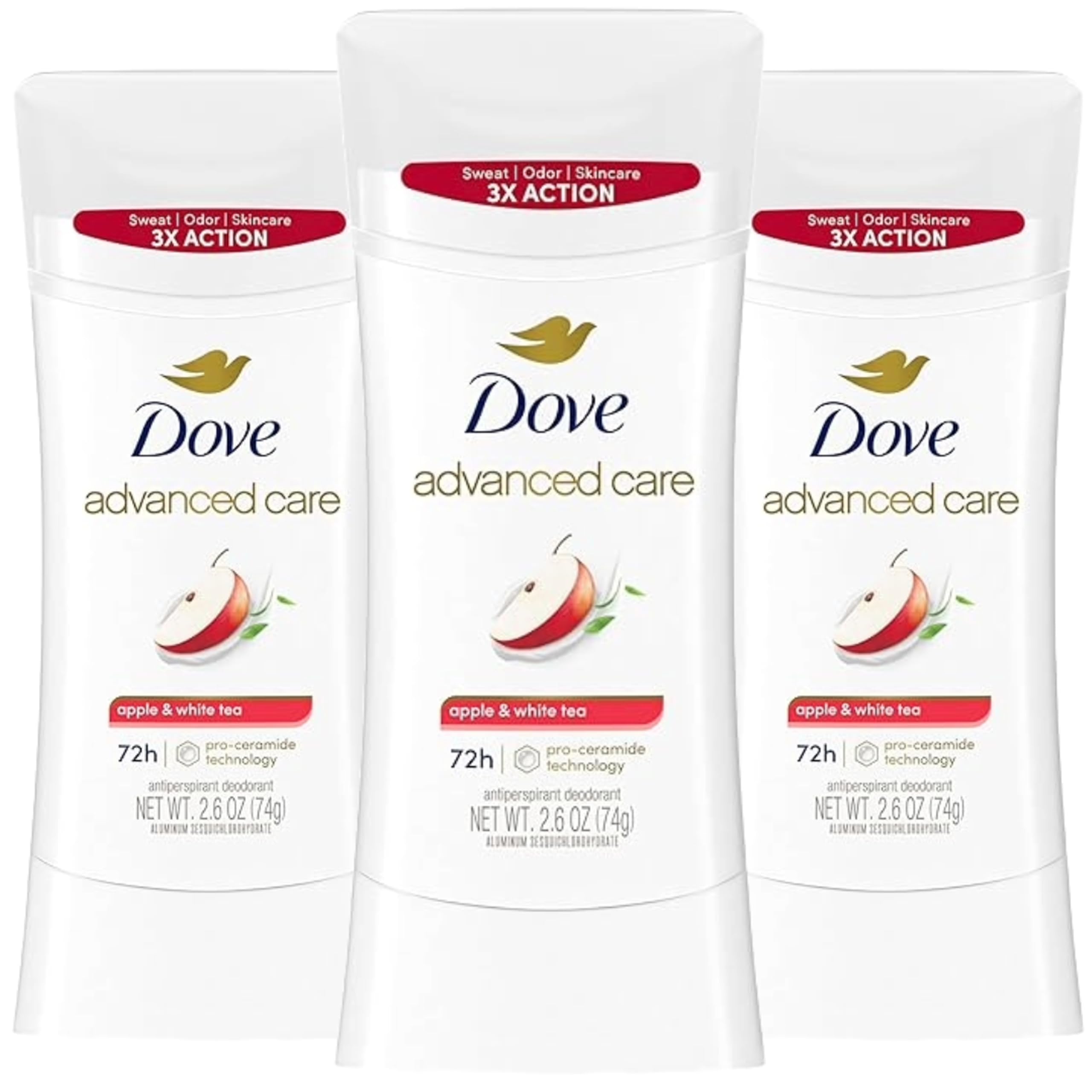 Dove Advanced Care Apple & White Tea deodorant stick—smooth glide for daily freshness.