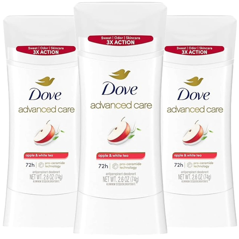 Dove Advanced Care Apple & White Tea deodorant stick—smooth glide for daily freshness.