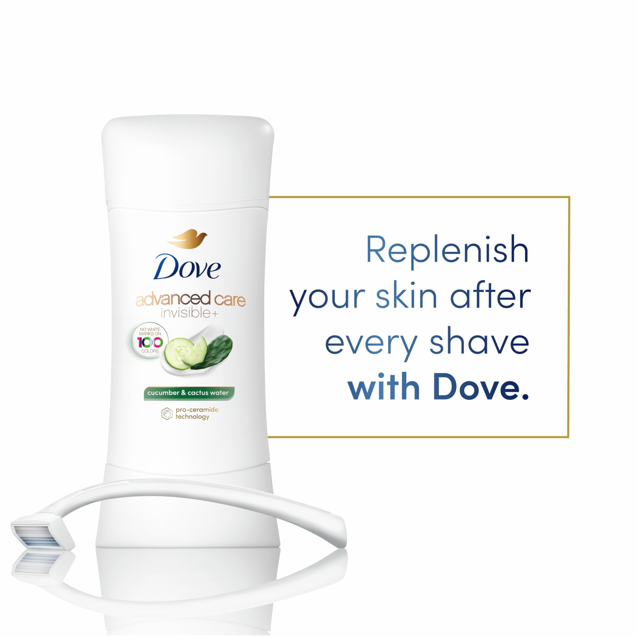 Dove Advanced Care invisible finish appears on 100 colors for a seamless look.