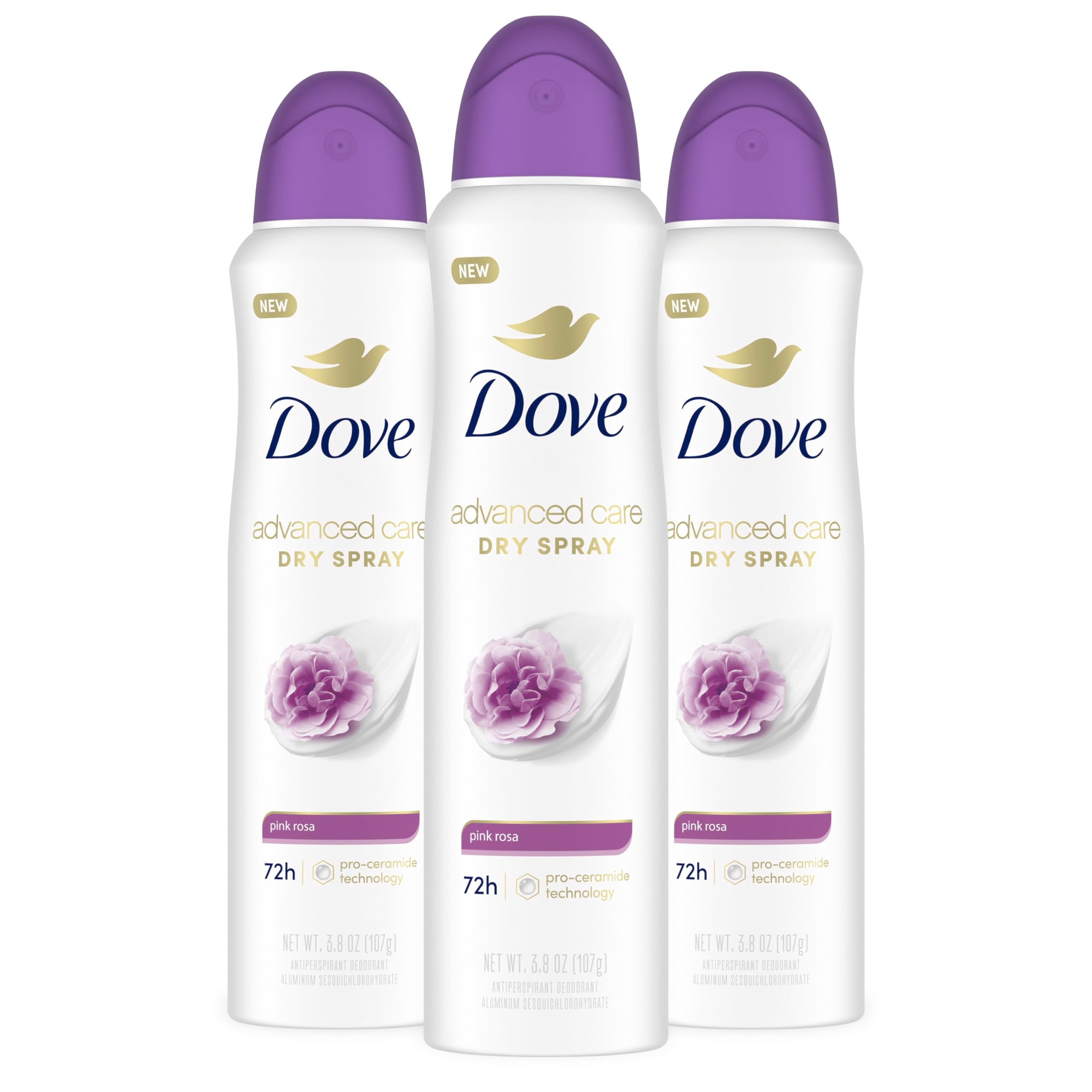 Dove Advanced Care Pink Rosa spray bottle showing fragrance and protection.
