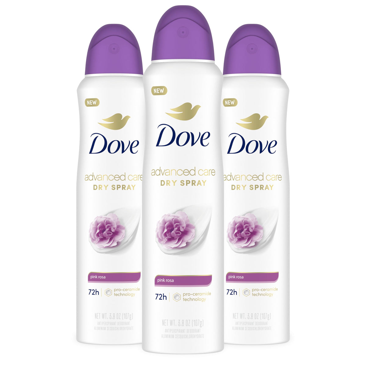 Dove Advanced Care Pink Rosa spray bottle showing fragrance and protection.