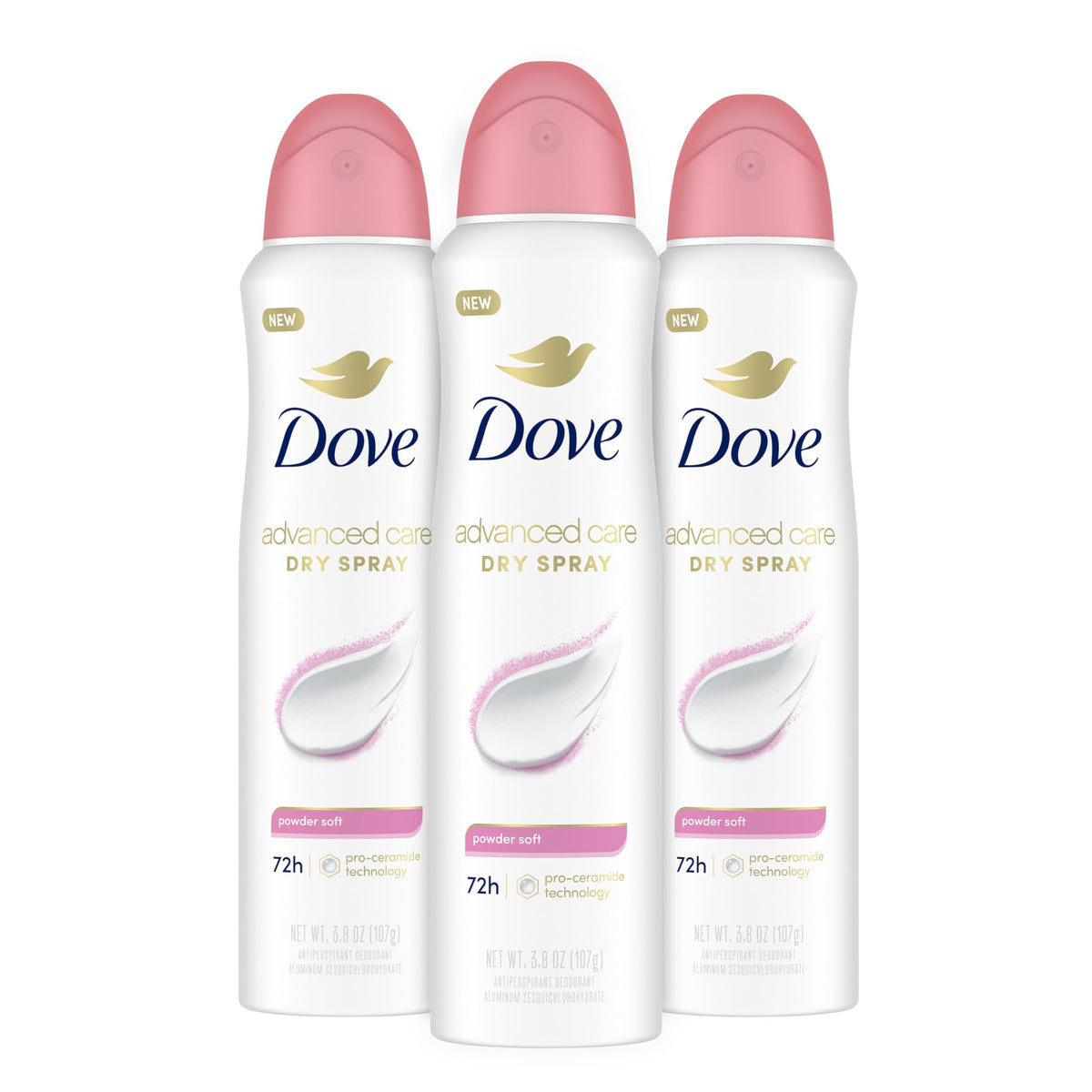 Dove Advanced Care Powder Soft spray bottle shown for smooth underarms after shaving
