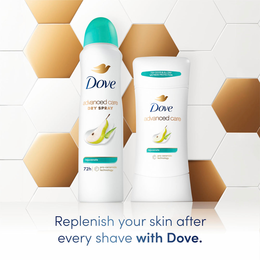 Dove Advanced Care Rejuvenate 72-hour odor control indicator visual communicates lasting protection.