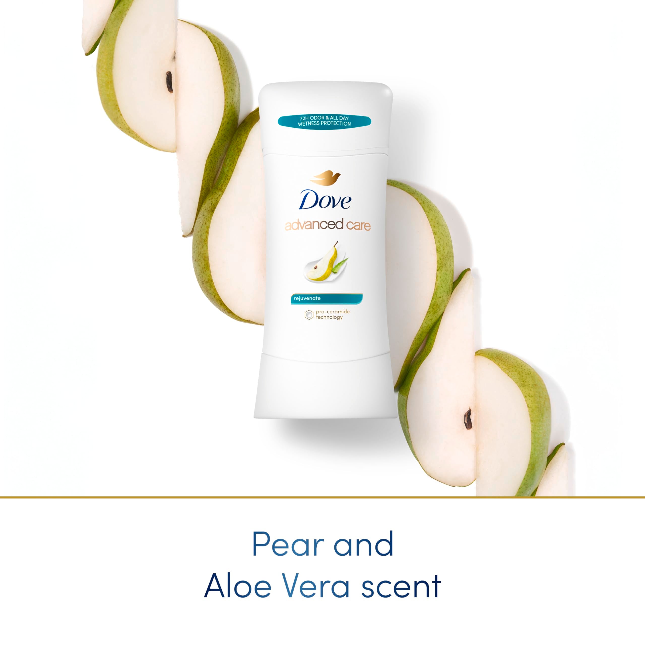 Dove Advanced Care Rejuvenate pear fragrance close-up showcases jasmine and freesia notes.