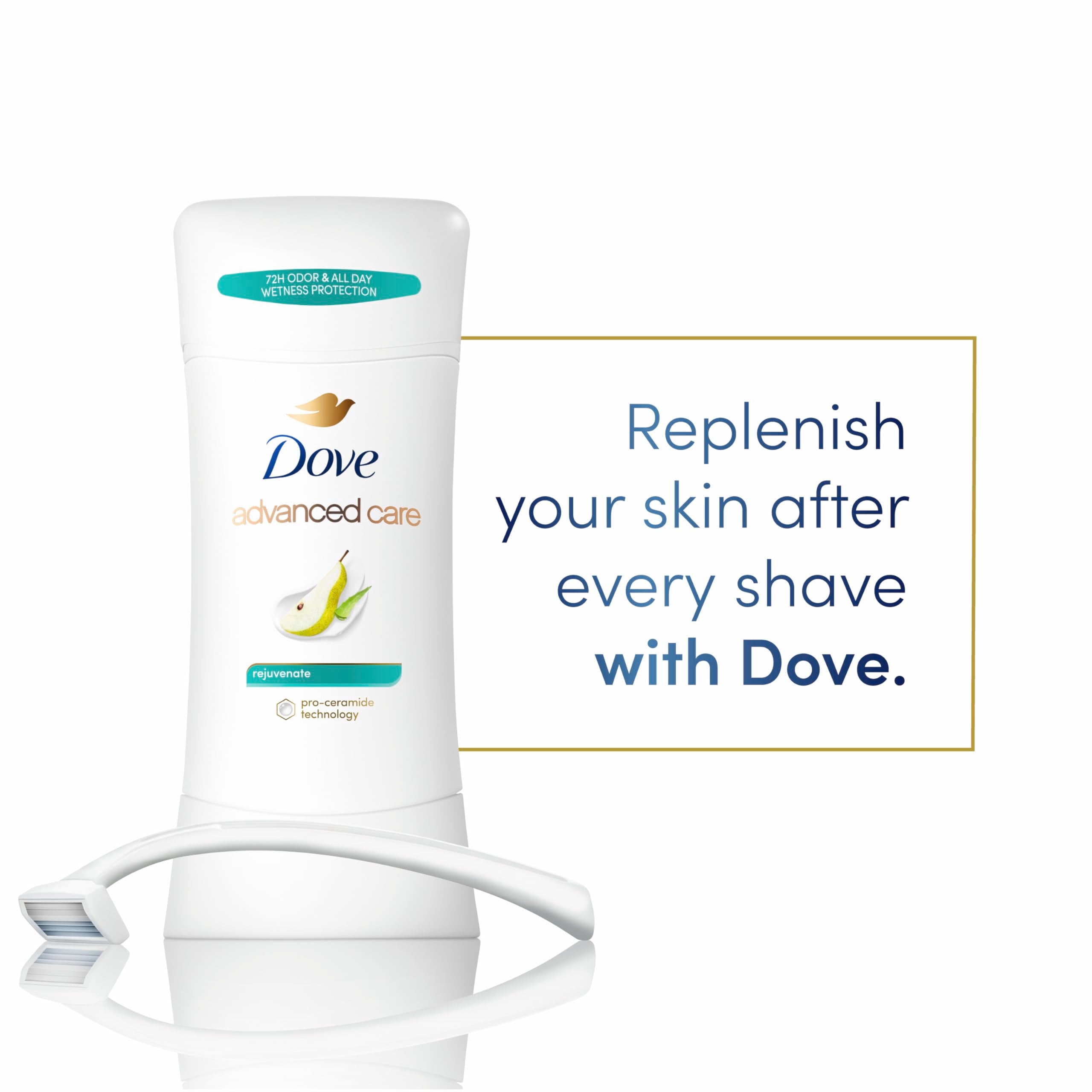 Dove Advanced Care Rejuvenate with Pro-Ceramide technology visual suggests barrier-support after shaving.